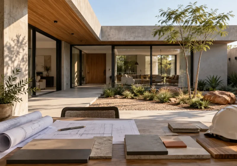 Casa contemporânea com jardim e mesa com plantas e amostras de materiais.
