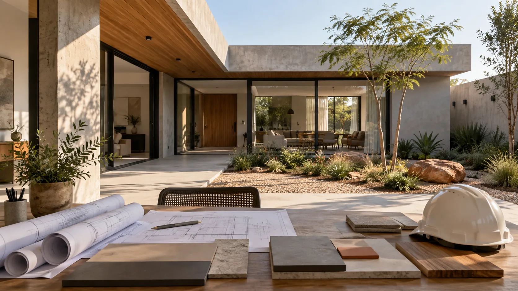 Casa contemporânea com jardim e mesa com plantas e amostras de materiais.